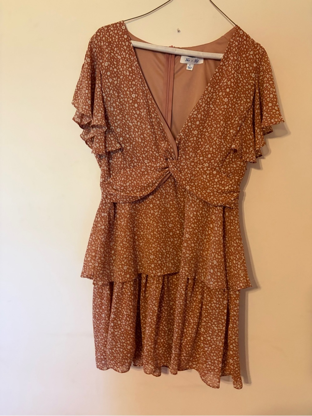 She + Sky Rust Floral Knot-Front Tiered Mini Dress
